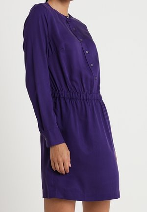 Woman wearing a long-sleeve, button-up purple dress with an elastic waistband, standing against a plain light background.