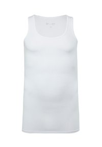 Hvid tanktop lavet af et glat, tyndt materiale. Har brede ærmegab, en rund hals og en tætsiddende pasform. Enkelts design uden mønstre.