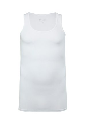 White tank top made from a smooth, thin material. Features wide armholes, a rounded neckline, and a snug fit. Plain design with no patterns.