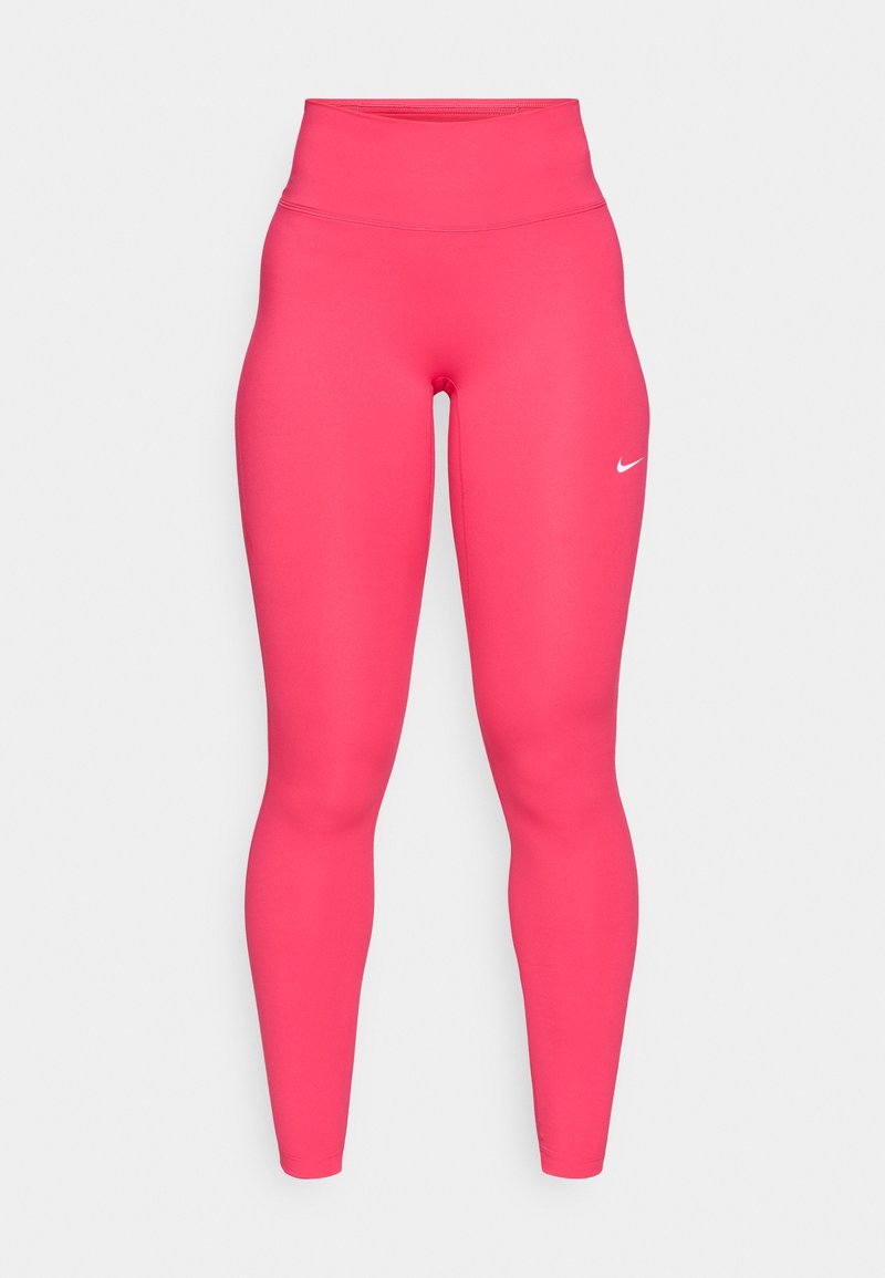 Roze stretch legging met een hoge tailleband, een gladde textuur en een wit Nike swoosh-logo op het onderbeen. Fijn aangesloten ontwerp.