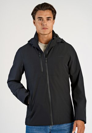 Schwarze wasserdichte Jacke mit Reißverschluss vorne, verstellbarer Kapuze und zwei Seitentaschen. Ausgestattet mit glattem Stoff und minimalistischem Design.