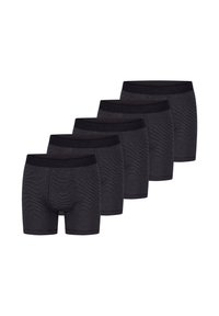 Pięć par czarnych bokserek z gładkiej tkaniny o dopasowanym kroju, z miękkim pasem i subtelną fakturą.