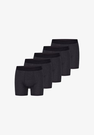 Cinque paia di boxer neri, realizzati in tessuto liscio con un design aderente, caratterizzati da una cintura morbida e una trama sottile.