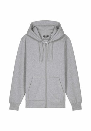 Siva zip-up kapuca iz mehkega bombažnega materiala, z sprednjim žepom, vrvicami in prostorno kapuco. Oznaka pravi "MIRA PARIS."