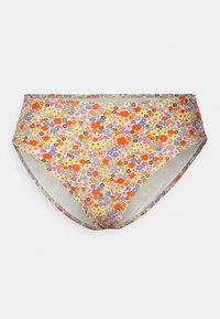 Cuecas de biquíni com estampado floral apresentando flores multicoloridas, incluindo vermelho, rosa, amarelo e roxo sobre um fundo branco. Design de cintura média.