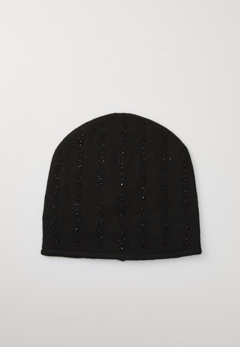 Gorro de malha preto com padrões de contas verticais. Textura suave, formato elástico, topo arredondado e uma aba dobrada na parte inferior.