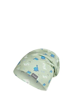 Hellgrüne Mütze mit blauen und weißen Dinosaurieraufdrucken und einem kleinen grauen Etikett mit der Aufschrift "Sterntaler".