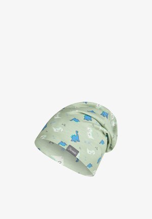 Light green beanie hat with blue and white dinosaur prints and a small gray label reading "Sterntaler."