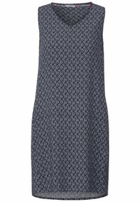 Ärmelloses Kleid in Marineblau mit einem geometrischen weißen Muster, V-Ausschnitt und lockerer Passform. Weicher Stoff mit glatter Textur.