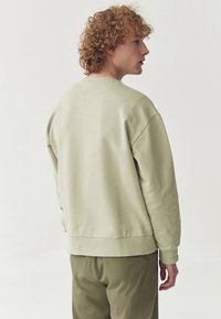 Oversized lichtgroene sweatshirt met geribbelde manchetten en zoom, voorzien van een gladde textuur en een relaxte pasvorm. Model wordt vanaf de achterkant getoond.