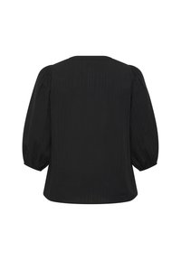 Schwarze Bluse mit gerippter Textur, rundem Ausschnitt und Puffärmeln. Der Rücken ist glatt und hat keine sichtbaren Verzierungen.
