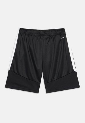 Schwarze Sportshorts mit weißen Seitenstreifen und elastischem Bund, hergestellt aus glattem, leichtem Stoff.