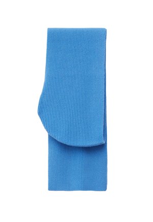 Ribbed blue sock made from stretchy fabric, featuring a rolled top edge. Textured surface and uniform color throughout.