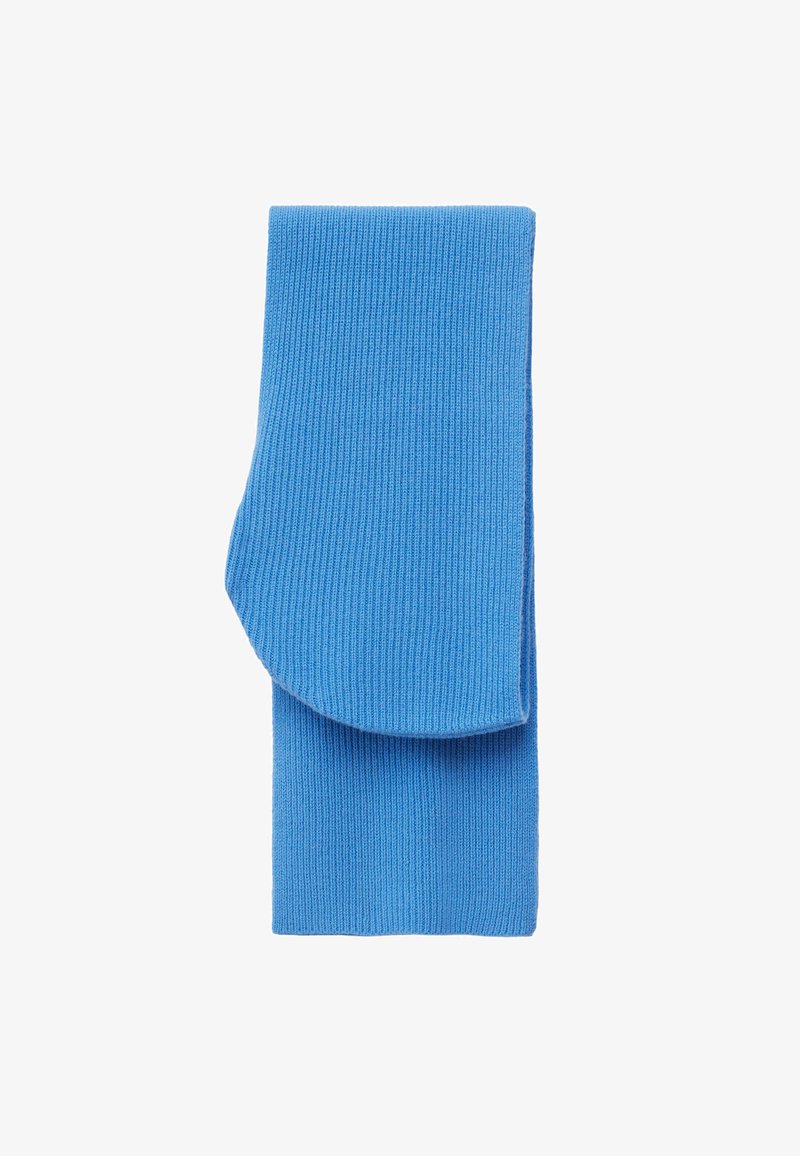 Chaussette bleue à côtes en tissu extensible, dotée d'un bord supérieur roulé. Surface texturée et couleur uniforme sur l'ensemble.