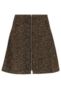 Mini gonna marrone con un motivo leopardato scuro, zip frontale e design svasato con una trama liscia.
