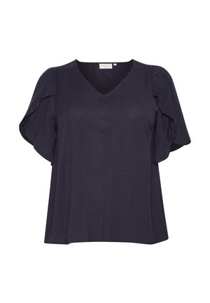 Top blu navy con scollo a V, maniche corte e fluide, e motivo testurizzato. Vestibilità morbida con una finitura in tessuto liscia.