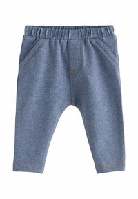 Pantalons en denim bleu avec une taille élastique, deux poches avant et des détails de couture contrastés. Texture douce et design de jambe fuselée.