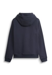 Felpa blu navy, in misto cotone, presenta un cappuccio a doppio strato, polsini e orlo a costine, e dettagli laterali testurizzati per un tocco in più.