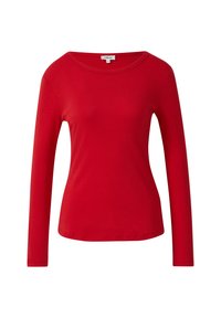 Czerwona, długa koszulka z miękkiej bawełny. Ma okrągły dekolt i dopasowany krój, bez widocznych wzorów czy zdobień.