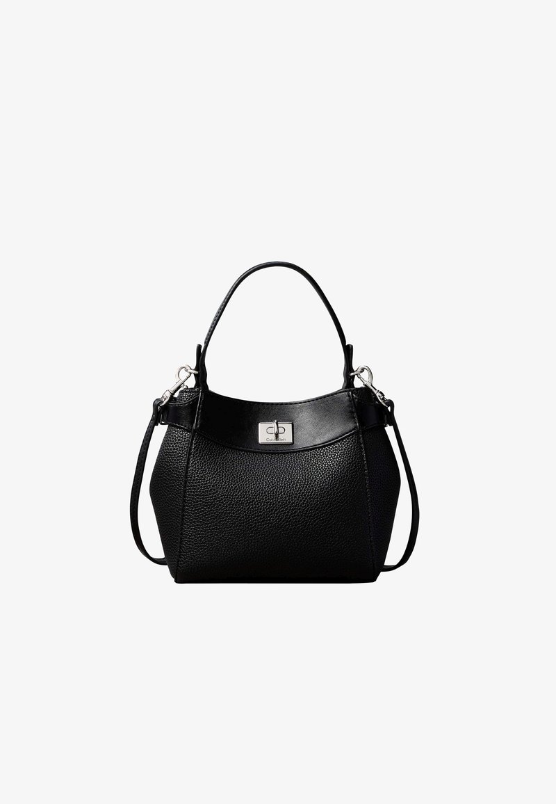 Sac à main en cuir noir texturé avec poignée supérieure, bandoulière amovible et fermoir tourniquet argenté sur le panneau avant.