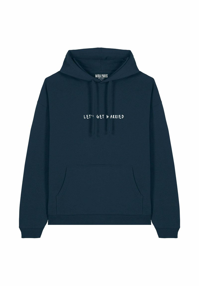 Felpa in cotone blu navy con tasca a marsupio, cappuccio con coulisse e testo bianco "LET'S GET MARRIED" sulla parte anteriore.
