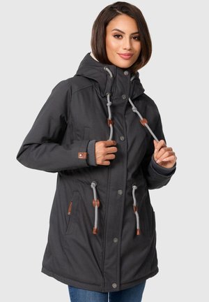 Dark gray parka jacket with a hood, featuring silver drawstrings, brown leather accents, and two side pockets. Cozy textured lining visible.