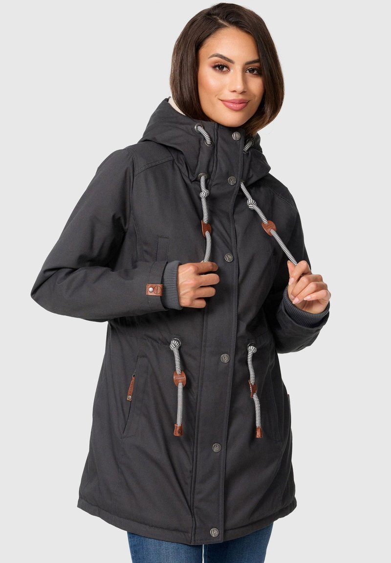 Dark gray parka jacket with a hood, featuring silver drawstrings, brown leather accents, and two side pockets. Cozy textured lining visible.