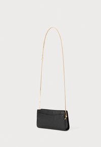 Black leather handbag with a smooth texture, featuring a long gold chain strap and a zip closure, designed in a rectangular shape.