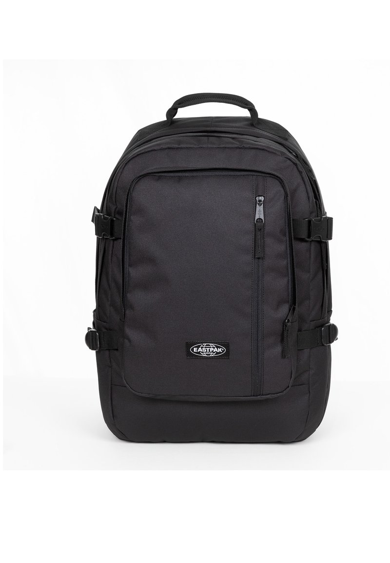 Black backpack with a smooth, durable fabric, featuring a front zip pocket, adjustable straps, and a top handle. Classic rectangular shape.