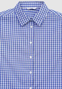 Camicia a scacchi blu e bianca in cotone, con colletto classico, chiusura a bottoni e una superficie liscia con un motivo a quadri ben distanziati.