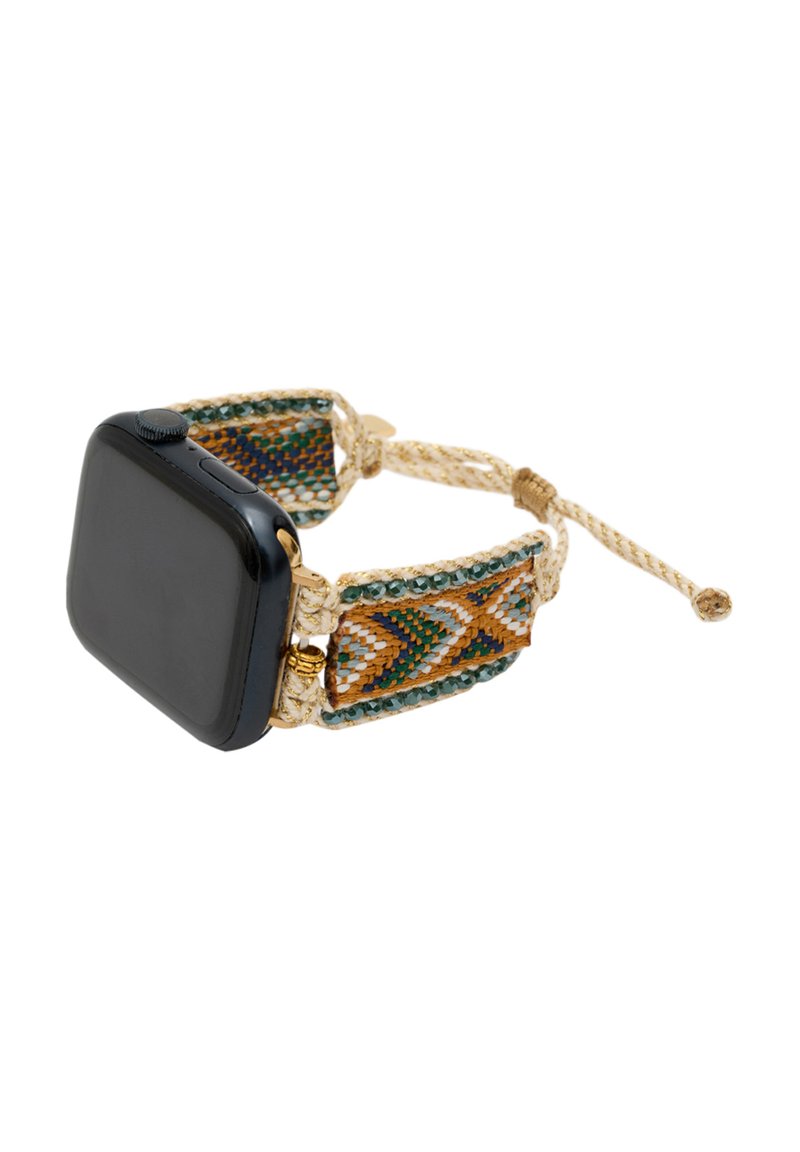 Smartwatch med en svart fyrkantig urtavla, med ett flerfärgat vävt armband i mönster av grönt, orange och vitt, samt detaljer i guldton.