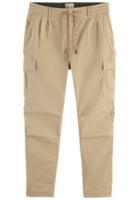Beige cargo bukser med elastisk talje, snoretræk, sidelommer med flap, bæltestropper og syede knæpaneler.