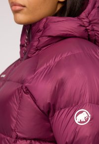 Bordowa kurtka puchowa z wysokim kołnierzem i bocznymi przeszyciami. Posiada białe logo słonia na lewym rękawie. Gładka, błyszcząca tekstura.