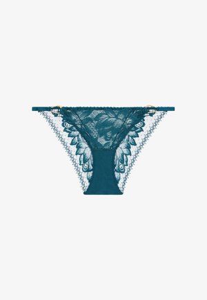 String en dentelle bleu sarcelle avec motifs floraux, côtés en tissu transparent et centre en tissu uni. Équipé de ferrures dorées pour un ajustement réglable.