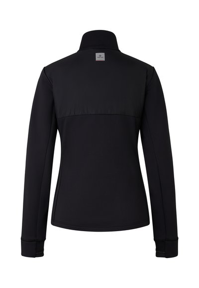 Czarna kurtka z wysokim kołnierzem, wykonana z gładkiego materiału. Posiada kontrastującą błyszczącą górną część oraz dopasowane mankiety.