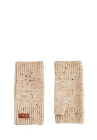 Bežni grelniki za roke iz strukturirane pletene volne. Rebrasti manšeti z oranžnimi in rjavimi fleki. Oznaka FABLE prišita na eni strani.