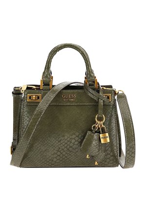 Olijfgroene, gestructureerde leren Guess-handtas met dubbele handvatten, afneembare schouderriem, gouden slot bedeltje en het logo "GUESS EST 1981" aan de voorkant.