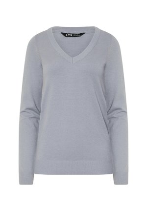 Lysegrå v-hals sweater, lavet af blødt strikmateriale, med lange ærmer og ribkanter ved håndled og kant. Minimalistisk design uden mønstre.