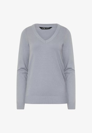 Jasnoszary sweter typu v-neck, wykonany z miękkiego materiału dzianinowego, z długimi rękawami oraz ściągaczami przy mankietach i u dołu. Minimalistyczny design bez wzorów.