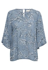 Blusa floreale blu con scollatura a chiave, maniche a campana 3/4, tessuto leggero e motivo di foglie bianche e rami.