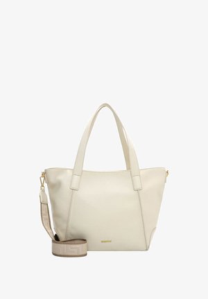 Crème kleurige leren handtas met twee korte handvatten en een afneembare schouderriem met patroon. Heeft een gestructureerde afwerking en gouden accenten.