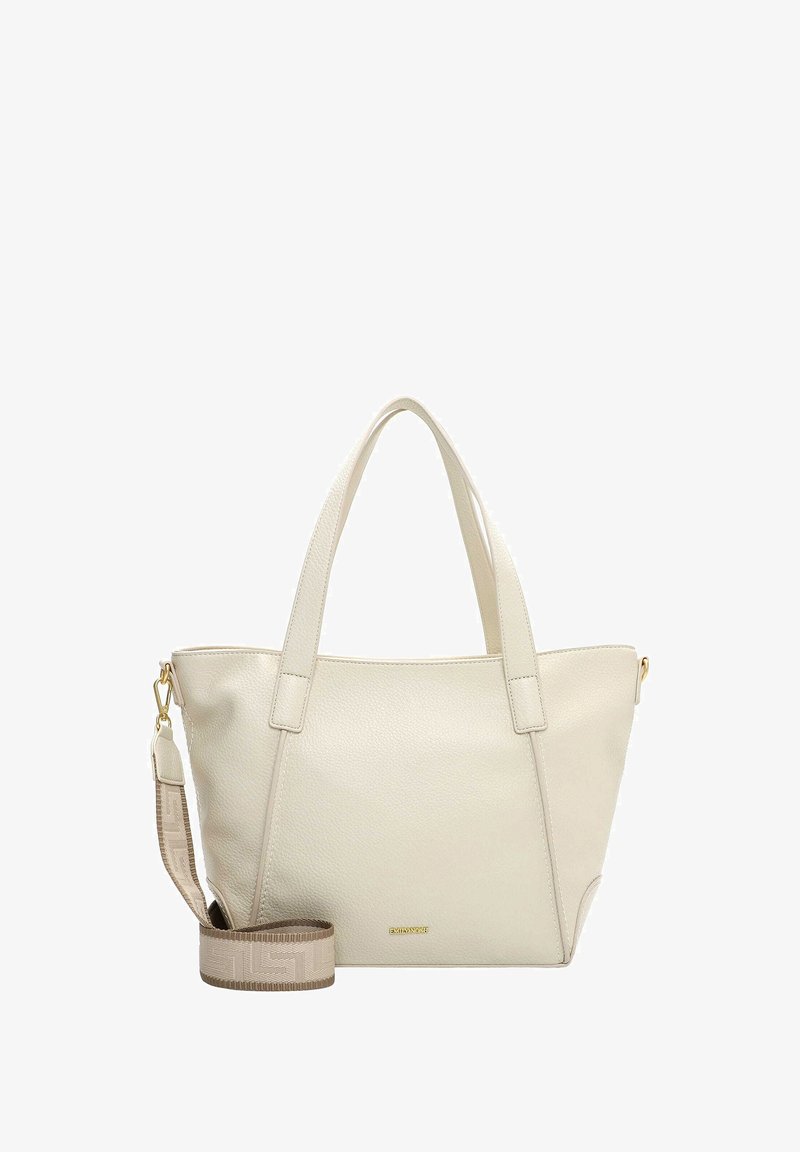 Kreemjas nahast käekott, millel on kaks lühikest käepidet ja eemaldatav mustriline õlarihm. Omab tekstuurse viimistluse ja kuldse tooniga aksente.