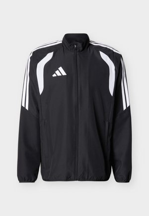 Μαύρο αθλητικό μπουφάν με φερμουάρ, με λευκές ρίγες στους ώμους και τα μανίκια, με λευκό λογότυπο Adidas στο αριστερό στήθος.
