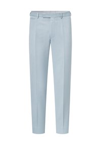 Lichtblauwe op maat gemaakte broek met een soepele textuur, taps toelopende pijpen en een vlakke voorkant. Bevat riemlussen en twee zijzakken.
