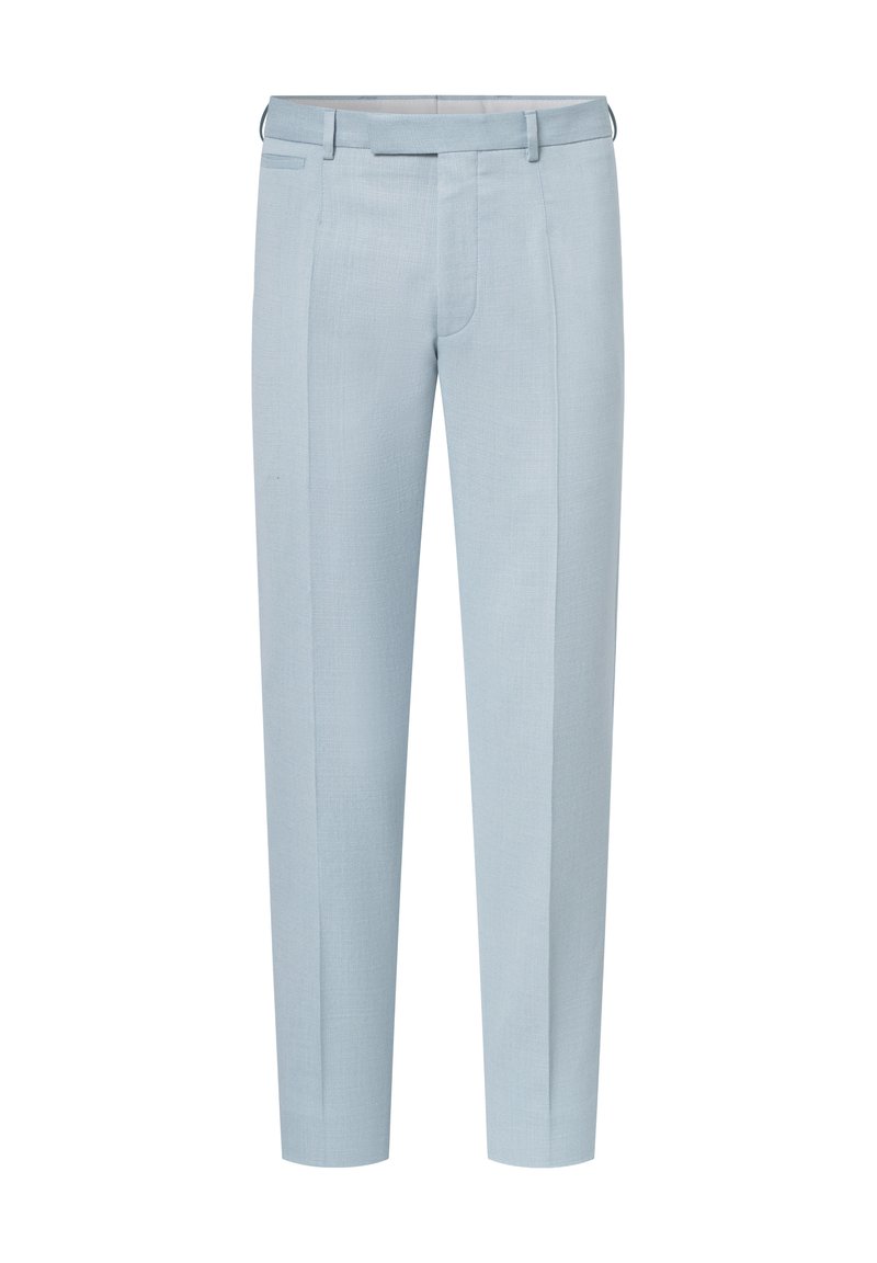 Lichtblauwe op maat gemaakte broek met een soepele textuur, taps toelopende pijpen en een vlakke voorkant. Bevat riemlussen en twee zijzakken.