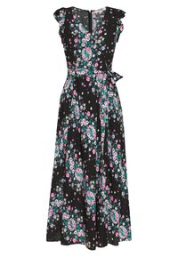 Svart blommig klänning med V-ringning, volangärmar och knytbar midja. Har färgglada blommor i rosa, grönt och vitt mot en mörk bakgrund.