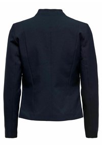 Veste navy sur mesure, design structuré avec manches longues, col haut et coutures nettes. Tissu lisse avec une texture subtile.