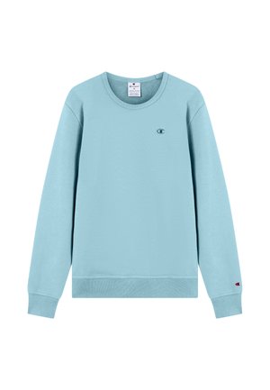 Felpa azzurro chiaro a maniche lunghe con scollo tondo, piccolo logo Champion sul petto e sul polsino, orlo e polsini a coste.