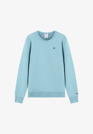 Felpa azzurro chiaro a maniche lunghe con scollo tondo, piccolo logo Champion sul petto e sul polsino, orlo e polsini a coste.