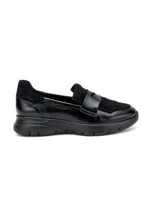 Scarpe nere senza lacci con una parte superiore in pelle liscia e suede, suola in gomma spessa e un'accento intrecciato sul davanti. Design a punta rotonda.
